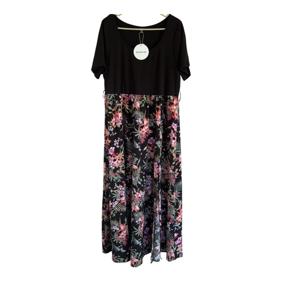 SHEIN VCAY Curve Plus 2X Tropical Print Black Split Thigh Maxi Dress NWT - Picture 2 of 12